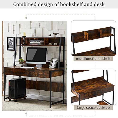 Rustic Wood Computer Desk with Hutch & Bookshelf for Home Office Dorm, Sturdy Gaming Table Study Writing Desk Workstation with Storage Drawers, Wheeled CPU Stand & Metal Frame for Small Spaces (Brown)