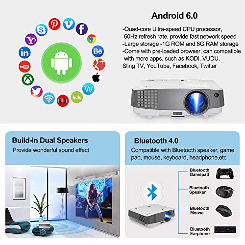 Android Movies Projector Bluetooth Portable Wireless WIFI Projector Support Full HD 1080p Mini Home Theater Pocket Family Cinema Mini Digital Projector HDMI USB for Outside Party DVD Player Video