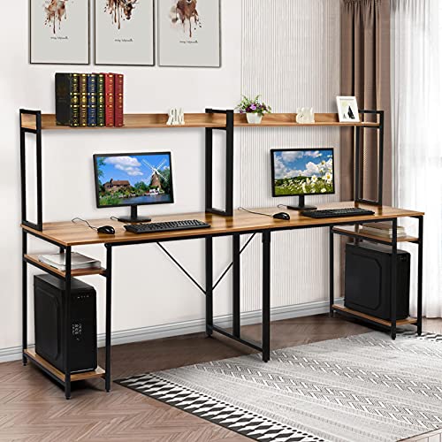 94.5 Inch Double Computer Desk, 2 Person Desk with Hutch & Storage Shelves, Extra Long Home Office Computer Table Writing Study Table Double Workstation Home Office Desk (Brown)