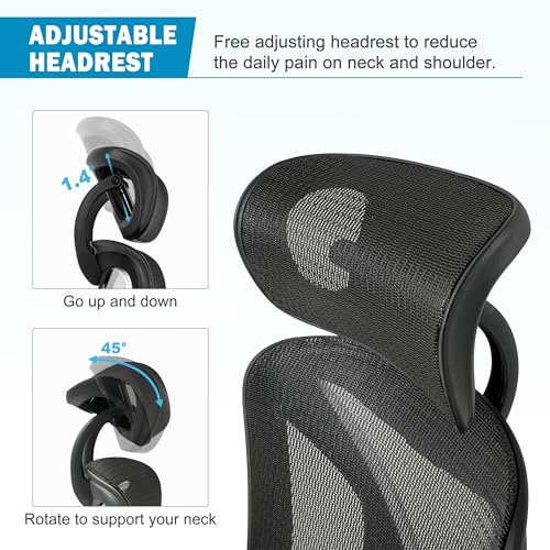 GABRYLLY Ergonomic Office Chair with Lumbar Support, Adjustable 3D Arms, Reclining, Headrest & Large Seat - Grey