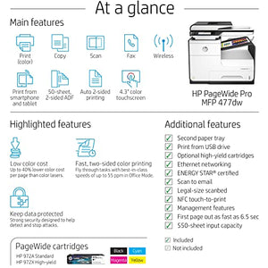 HP PageWide Pro 477dw Wireless Color Multifunction Printer - 55 ppm, 2400 x 1200 dpi, Auto Duplex, 50-Sheet ADF