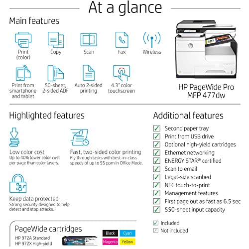 HP PageWide Pro 477dw Wireless Color Multifunction Printer - 55 ppm, 2400 x 1200 dpi, Auto Duplex, 50-Sheet ADF