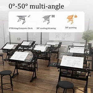 VejiA Drafting Table for Artists, Height Adjustable with Stool, Tempered Glass Top, 2 Drawers, 50° Tiltable