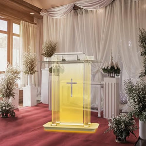 LIZAKI Acrylic Pulpit with Remoteable 16 Colors, Brake Swivel Wheels, 3.77ft Prayer Bench, Movable Reading Platform