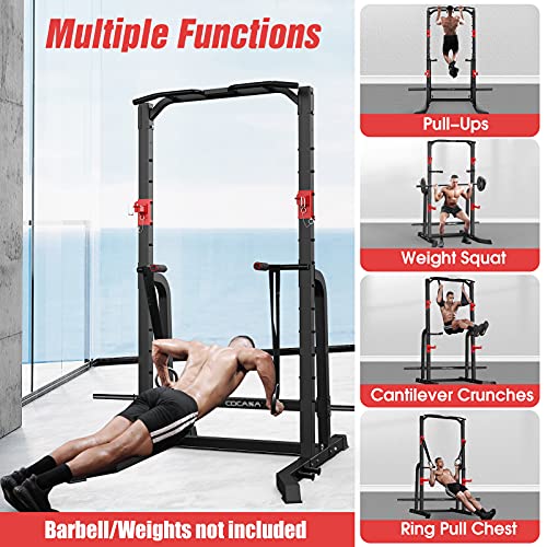 CDCASA Power Squat Rack, Adjustable Exercise Power Cage, Multi-Function J-Hook Power Tower with Pull Up Bar, Strength Weight Lifting Workout Squat Stand for Home Gym Fitness Equipment
