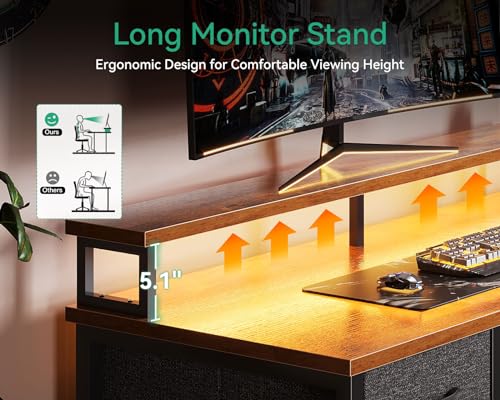 AODK 66" L Shaped Computer Desk with File Cabinet, Drawers, LED Lights, and Power Outlet