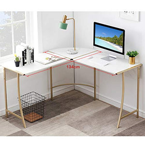 Desk L-Shaped Corner Home Office Computer Gaming Table PC Laptop Workstation White Imitation Marble Wooden Desktop Easy to Assemble (Color : Gold)