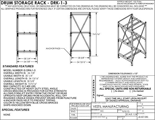 Vestil DRK-1-3 Steel Drum Storage Rack, 1 Wide, 3 High, 2400 lb. Capacity, Yellow Frame/Blue Cross Braces