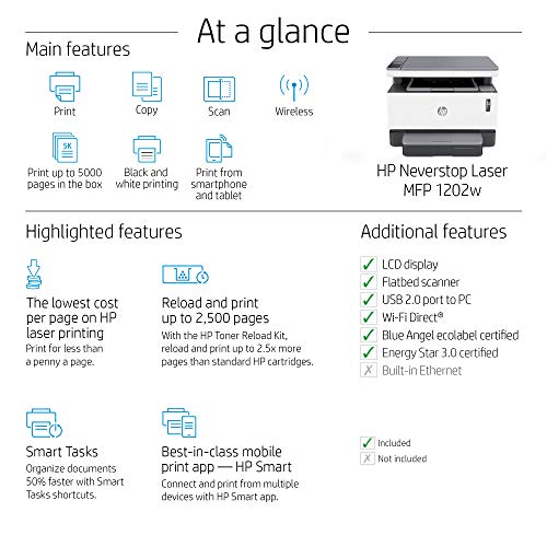HP Neverstop All-in-One Laser Printer 1202w | Wireless Laser with Cartridge-Free Monochrome-Toner-Tank (5HG92A)