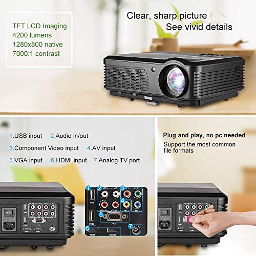 Bluetooth Smart Wi-Fi HD Projector Portable LCD LED 4400 Lumen Home Theater Video Projectors 1080P Full HD Airplay Wireless Display, HDMI USB VGA AV RCA Audio, for Movies Games Indoor Outdoor