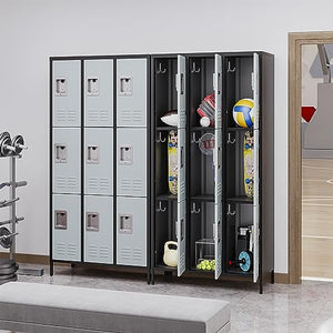Anxxsu 9-Door Metal Storage Locker with Hooks, 71" Cabinet for Employees, Home, Office, Gym - Black Grey