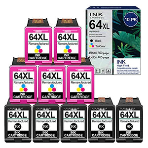 (5 Black+5 Tri-Color, 10PK) 64XL | N9J92AN N9J91AN Remanufactured 64XL Ink Cartridge Replacement for HP Envy 5542 Photo 6252 6255 6258 7155 7158 7164 7855 7858 7864 Ink Printer