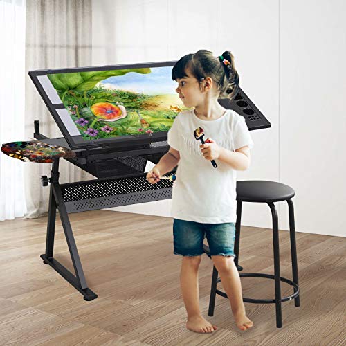 Glass Drafting Table Art Desk with Storage Drawer, Adjustable Tabletop Tilting & Height Black Laptop Desk for Living Room Bedroom Study