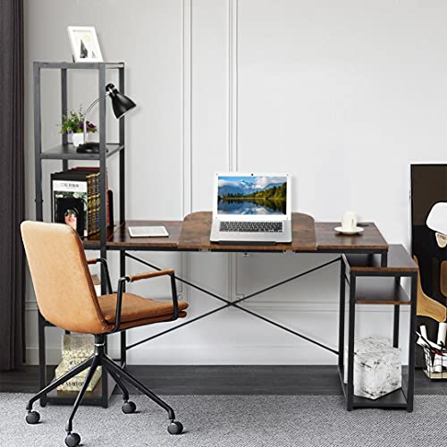 HGJG 47" Computer Desk with Storage Shelves, Multipurpose Writing Drawing Tower Desk, 5-Tiers Shelves, Cable Hole & Host Shelf, Classic Black Frame Home Office Desk Gamer Workstation (Brown)