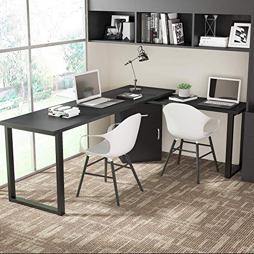 Tribesigns Reversible L Shaped Corner Computer Desk with Storage File Cabinet, 55 inch Rotating Standing Executive Office Study Writing Desk Table Workstation with Drawers for Home Office (Black)