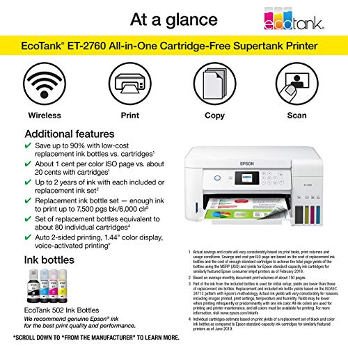 Epson EcoTank ET-2760 Wireless Color All-in-One Cartridge-Free Supertank Printer with Scanner and Copier (Renewed)