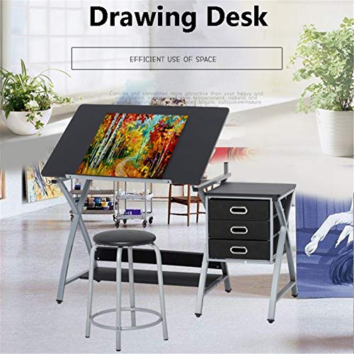 XIONGGG MDF Drafting Table Tilted Tabletop Drawing Desk, Art & Craft Drawing Desk Folding Craft Station, with 3 Slide Drawers
