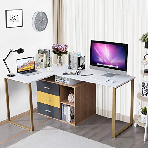 Tangkula 87 inch 2-Person Desk Double Computer Desk, Multifunction L-Shaped Desk w/ 3 Storage Drawers & 2-Tier Shelves, Writing Desk Computer Workstation with Spacious Desktop, Home Office Desk