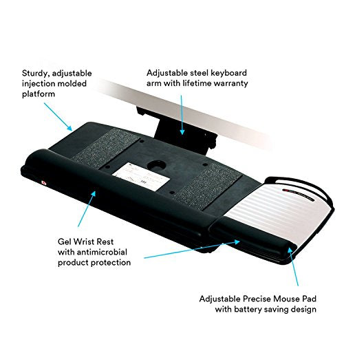 3M AKT180LE Sit/Stand Easy Adjust Keyboard Tray, Highly Adjustable Platform,, Black