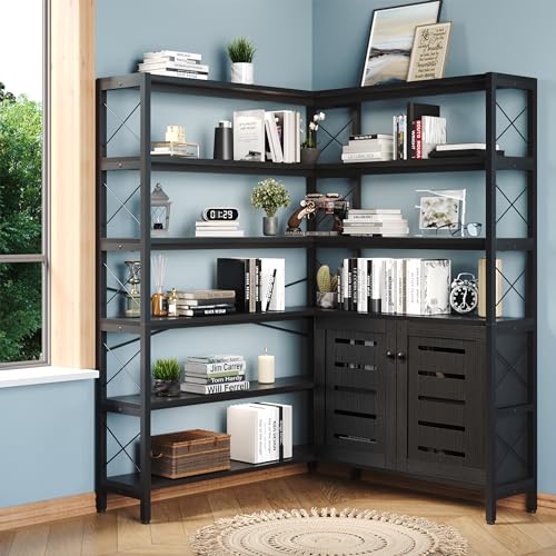 Wildhome Vintage Industrial 6-Shelf Corner Bookshelf with Metal Frame (Black-Lockers, Large)