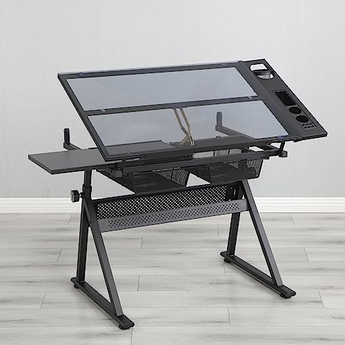 TRIPLE TREE Drafting Table Art Desk for Adults and Artists, Tempered Glass Drawing Table with Height Adjustment and Storage