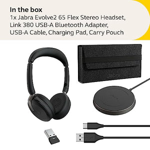 Jabra Evolve2 65 Flex Stereo Headset with Bluetooth & Wireless Charging Pad - Noise-Cancelling ClearVoice Technology - Black