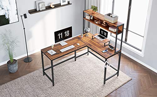 CubiCubi L-Shaped Desk with Hutch,59" Corner Computer Desk,Home Office Gaming Table Workstation with Storage Bookshelf,Dark Rustic