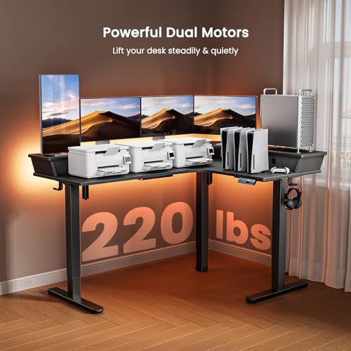 ErGear 63" L Shaped Gaming Desk with 3 Drawers, Standing Desk Height Adjustable - Black
