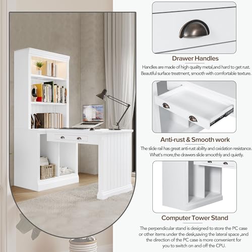 Merax 83.4" Tall Storage Bookshelf & Writing Desk Suite with LED Lighting, Drawers, Open Shelves - 2-Piece Set, White