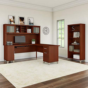 Bush Furniture Somerset 72W L Shaped Desk with Hutch and 5 Shelf Bookcase in Hansen Cherry