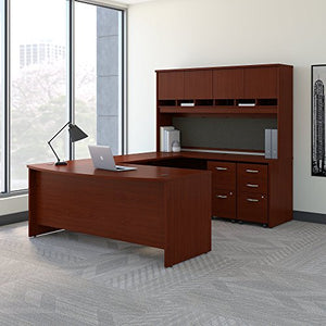 Bush Business Furniture 72W Bow Front U Shaped Desk with Hutch and Storage in Mahogany