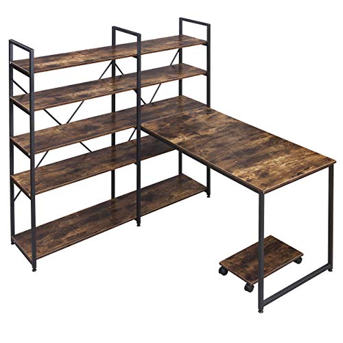 Merax 54" Large Computer 5-Tier Shelves, Office Study Table with Bookcase, Writing Hutch Desk, Brown