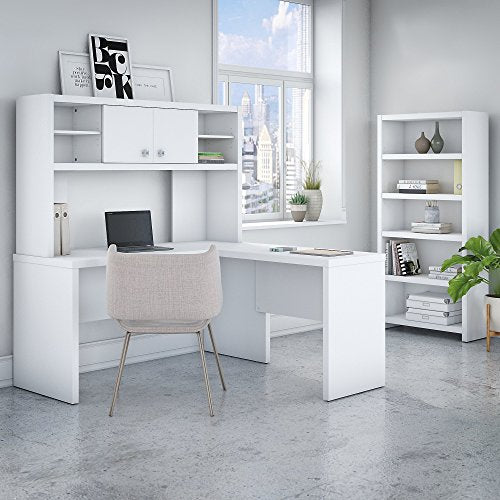 Office by kathy ireland Echo L Shaped Desk with Hutch and 5 Shelf Bookcase in Pure White