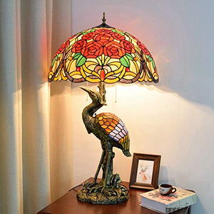 Xihe Tiffany Antique Table Lamp 20" Male Bird Desk Lamp with Colored Roses Glass Lampshade