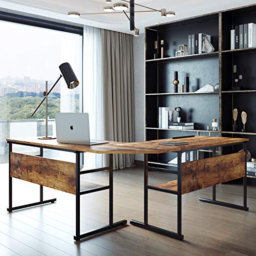 UNI FAM Home Office L-Shaped Desk with Bottom Bookshelves and CPU Stand, Multi-Function Drafting Drawing Table with Tiltable Desktop for Artist or Student/67 inch（Brown）