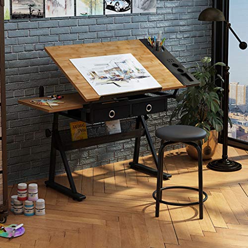 Lgan Height Adjustable Drawing Desk, Tiltable Craft Table with Storage, Maple Panel Art Desk, for Home Office Drafting Table