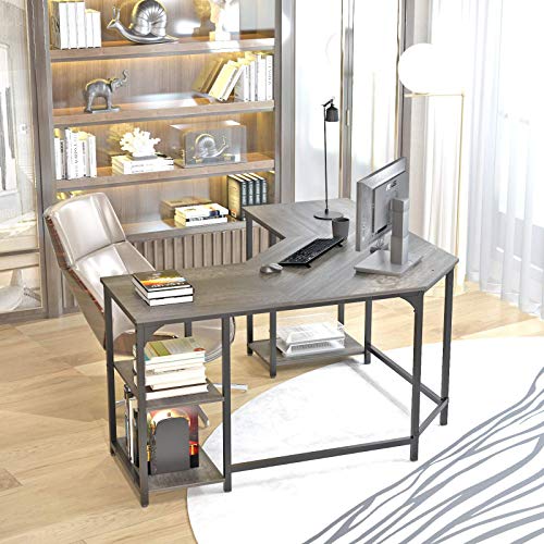 Elephance Large L-Shaped Computer Desk with Shelves, Corner Desk, Home Office Writing Workstation, Gaming Desk PC Latop Table with Storage (56.9 Inch, Boak)