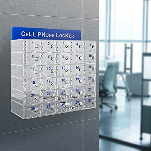 FAIRYPAGODA Acrylic Cell Phone Storage Locker with Door Locks - 30 Slots, Wall-Mounted Clear Cabinet for Employees, Office, School
