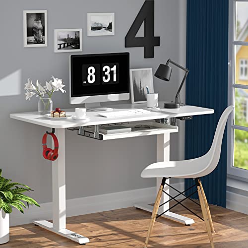 Height Adjustable Desk, Electric Standing Desk with 48'' x 24'' Solid Whole-Piece Desk Board, Sit Stand Desk w/Memory Preset Controller, Stand Up Desk with Keyboard Tray for Home Office (White)