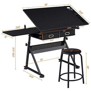 Art Craft Table Adjustable Drafting Drawing Table Writing Desk Tiltable w/Stool (Color : Black)