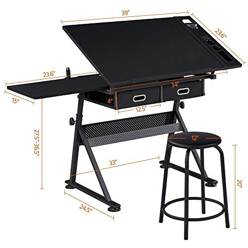 DXXWANG Art Craft Table Adjustable Drafting Drawing Table Writing Desk Tiltable w/Stool (Color : Black)