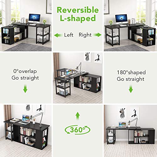 L-Shaped Computer Desk, Tribesigns Rotating Corner Computer Desk with Bookcase and File Cabinet (Black)