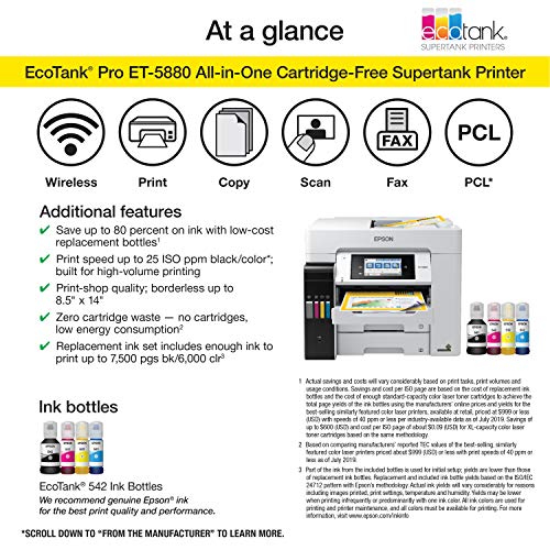 Epson EcoTank Pro ET-5880 Wireless Color All-in-One Supertank Printer with Scanner, Copier, Fax, Ethernet and PCL/Postscript