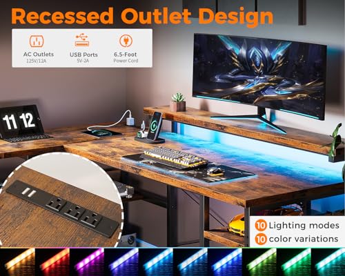 ODK L Shaped Gaming Desk with File Drawers, Power Outlets, LED Lights - 61 Inch Vintage