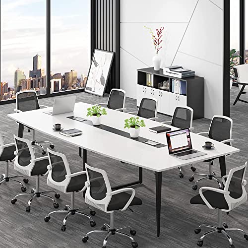 Tribesigns 8FT Boat Shaped Conference Table with Grommet - White & Black, Modern Office Meeting Table