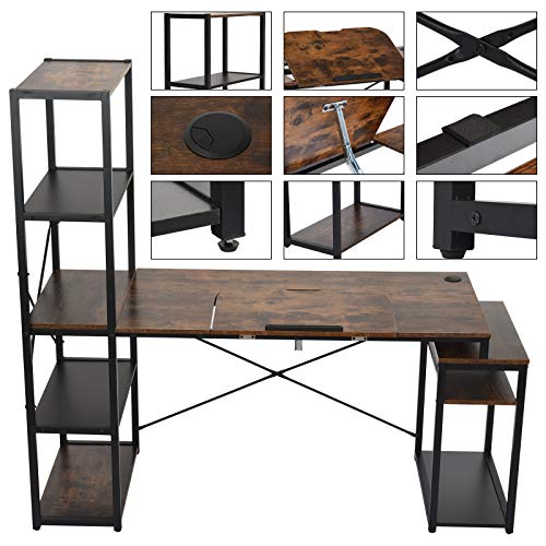Computer Desk with 5-Tier Shelves, 3 in 1 Bookshelf, Computer Desk, and Main Frame, 47.2" Drafting Drawing Table with 60° Tiltable Tabletop, PC Laptop Table Study Workstation for Home Office (Brown)