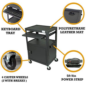 POCHAR Height Adjustable Steel Frame AV Cart with Keyboard Tray, Locking Cabinet, and 5ft 9in Power Strip