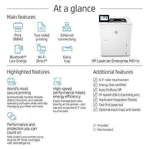 HP LaserJet Enterprise M611x Monochrome Duplex Printer with Dual-band Wi-Fi and Extra Paper Tray (7PS85A)
