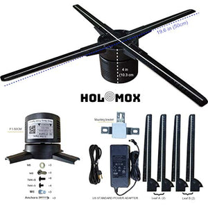 HOLOMOX 2019 New 19.6 Inch with 4 Blades! 3D Hologram Advertising Display Fan, iOS Android WiFi Cloud Cluster, High Res, Hundreds of 3D Videos, Holographic Projector Ideal for Any Retail Store.