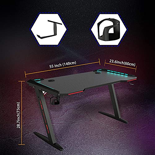 Gaming Desk, Arespark Computer Desk with 7 Mode LED Light, 55" Home Office Desks PC Desk Writing Desk, Gaming Table Workstation, Z-Shaped Computer Gaming Desk & Carbon Fiber Surface